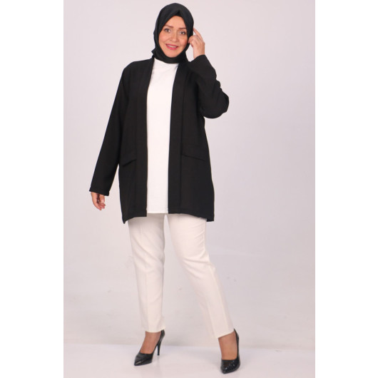 Large Size Double Layer Crepe Buttonless Jacket-Black