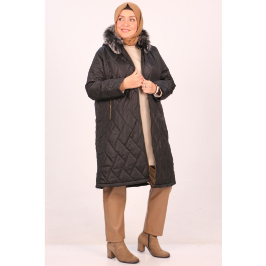 Plus Size Removable Hooded Quilted Jacket-Black