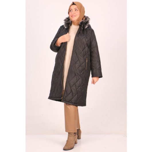 Plus Size Removable Hooded Quilted Jacket-Black