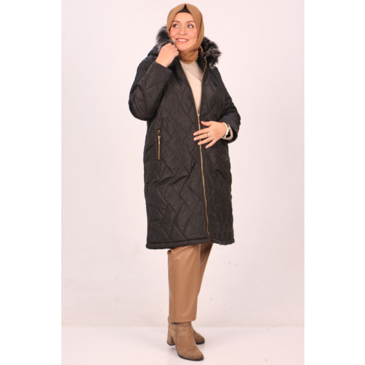 Plus Size Removable Hooded Quilted Jacket-Black