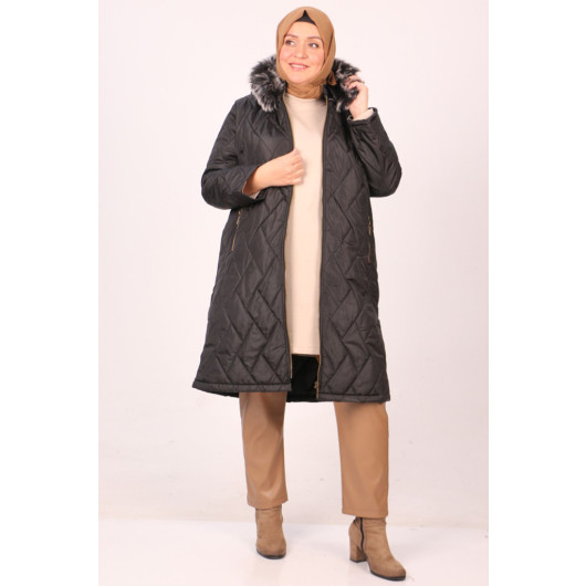 Plus Size Removable Hooded Quilted Jacket-Black