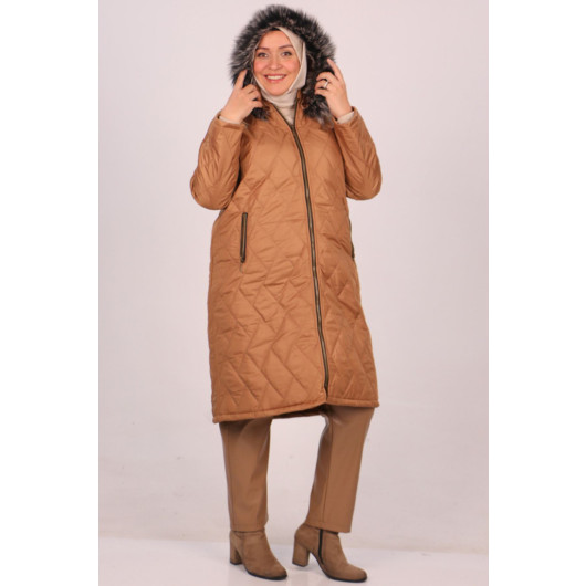 Plus Size Removable Hooded Quilted Jacket-Milk Brown