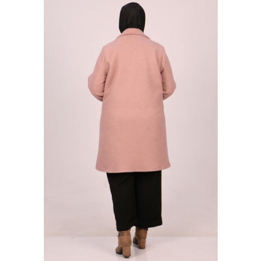 Large Size Buttoned Curly Lamb Coat-Powder