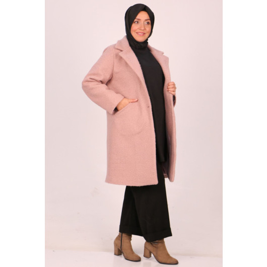 Large Size Buttoned Curly Lamb Coat-Powder