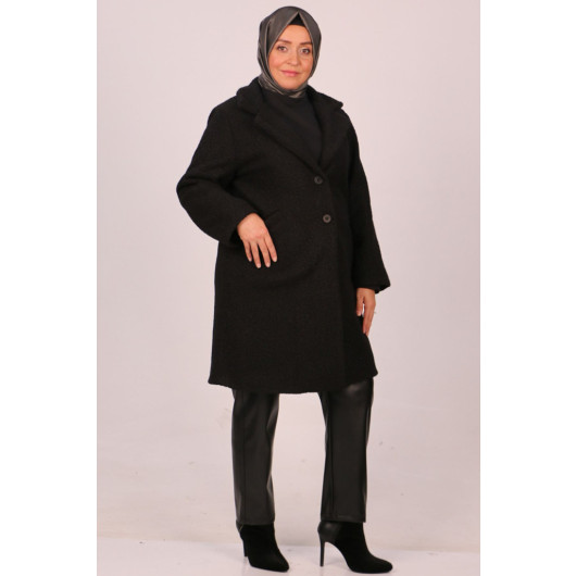 Plus Size Buttoned Curly Lamb Coat-Black