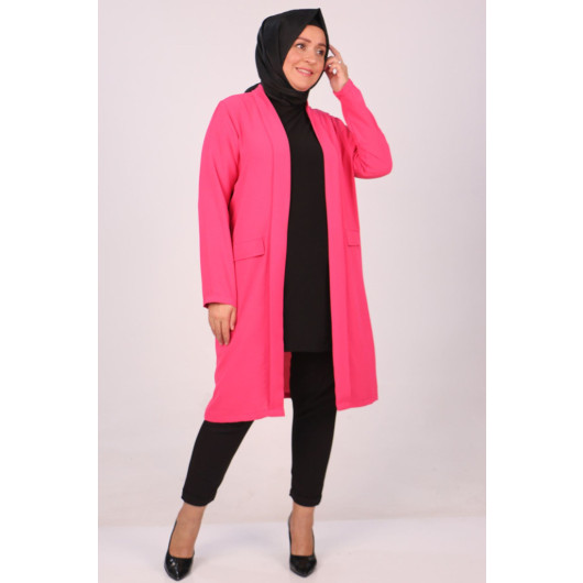 Plus Size Burbery Crepe Unbuttoned Long Jacket-Pink