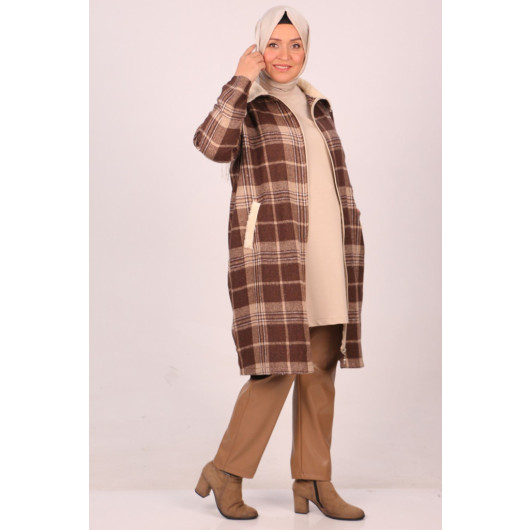 Plus Size Fur Collar Plaid Lumberjack Jacket-Brown