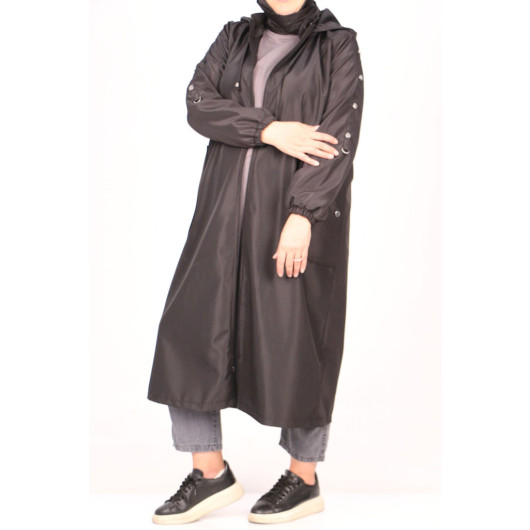 Plus Size Bondit Trench Coat With Sleeve Detail-Black