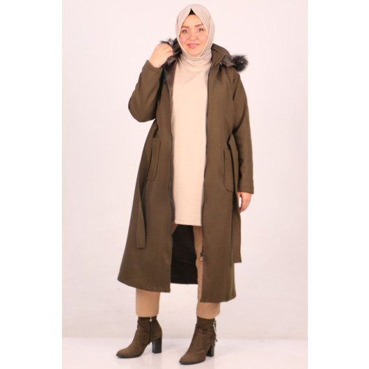Large Size Removable Hooded Cashmere Coat-Khaki