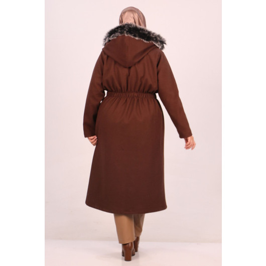 Large Size Removable Hooded Cashmere Coat-Brown