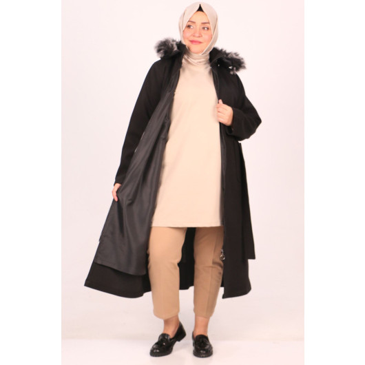 Large Size Removable Hooded Cashmere Coat-Black