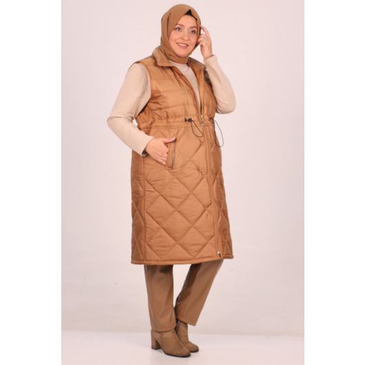 Large Size Quilted Vest With Elastic Waist - Brown