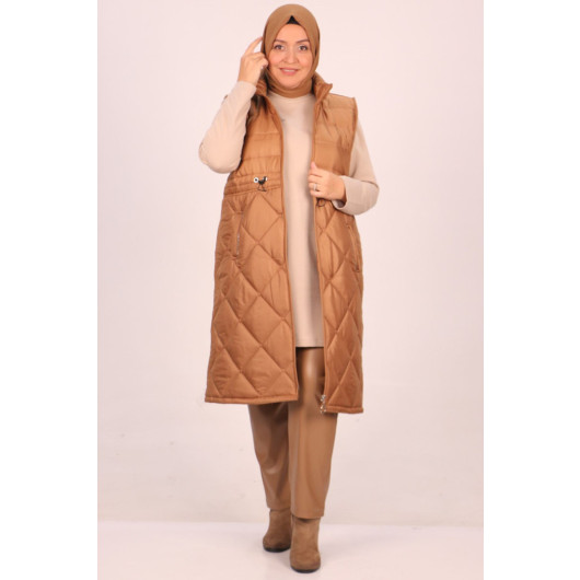 Large Size Quilted Vest With Elastic Waist - Brown