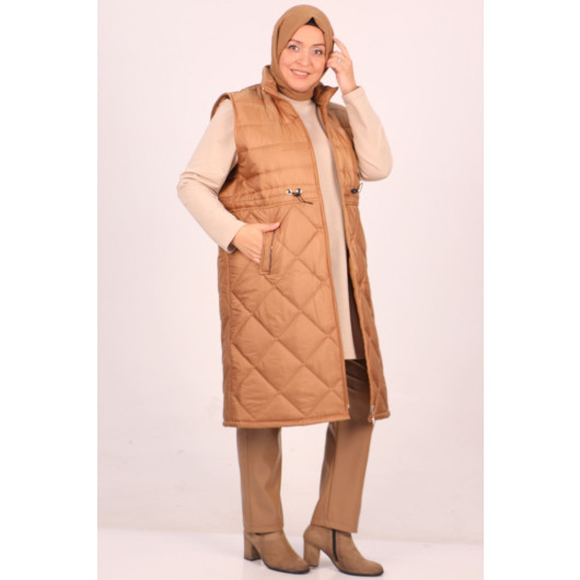 Large Size Quilted Vest With Elastic Waist - Brown