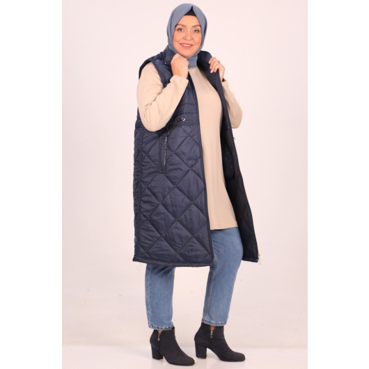 Large Size Quilted Vest With Elastic Waist-Navy Blue