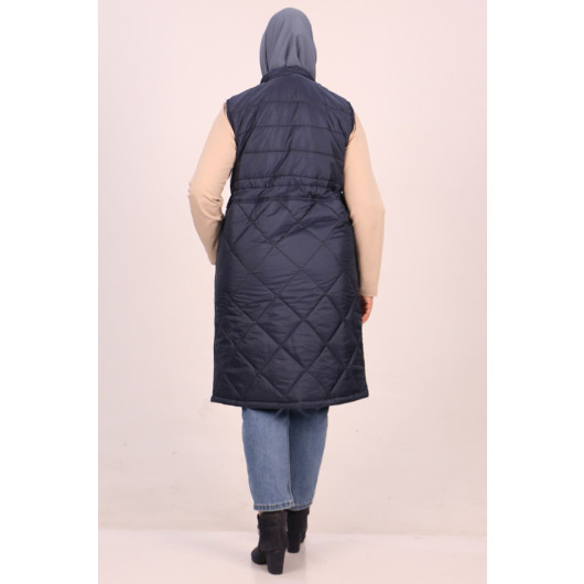 Large Size Quilted Vest With Elastic Waist-Navy Blue