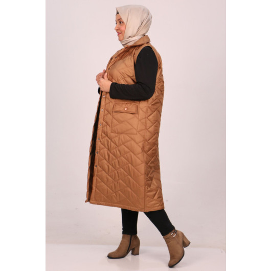 Plus Size Quilted Vest With Snap Fasteners-Brown