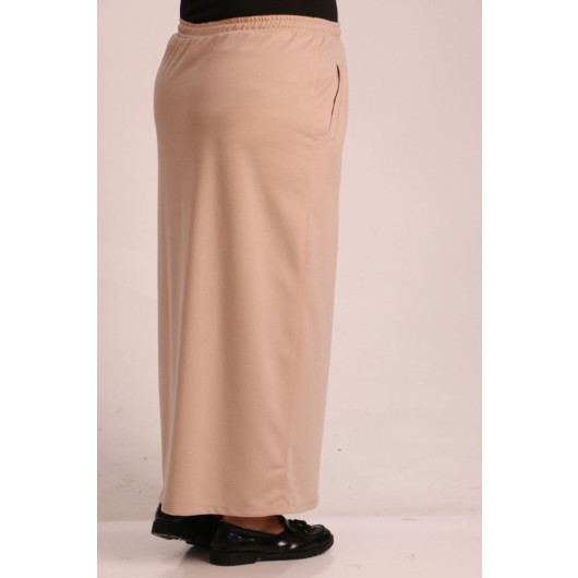 Plus Size Two Thread Pocket Detailed Skirt-Beige