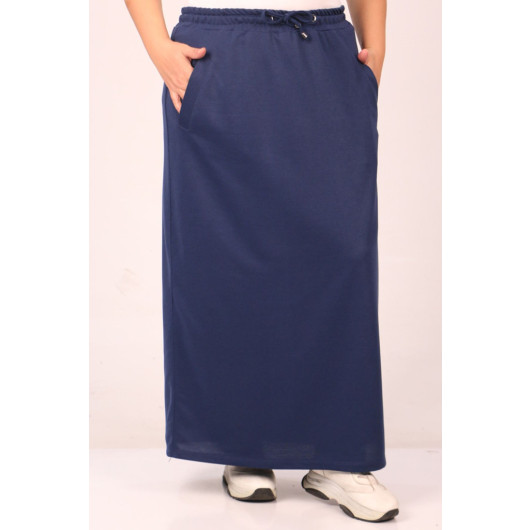 Plus Size Two Thread Pocket Detailed Skirt-Navy Blue