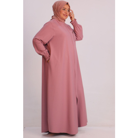 Large Size Double Layer Crepe Mevlana Abaya-Pink