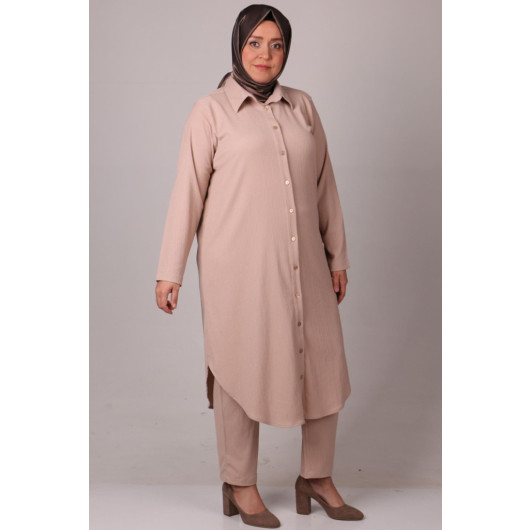 Large Size Buttoned Suit With Wrinkled Trousers-Beige