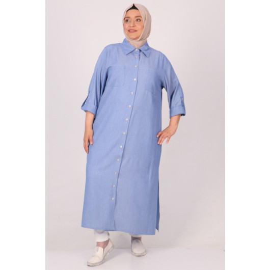 Large Size Lyocell Shirt With Pockets-Blue