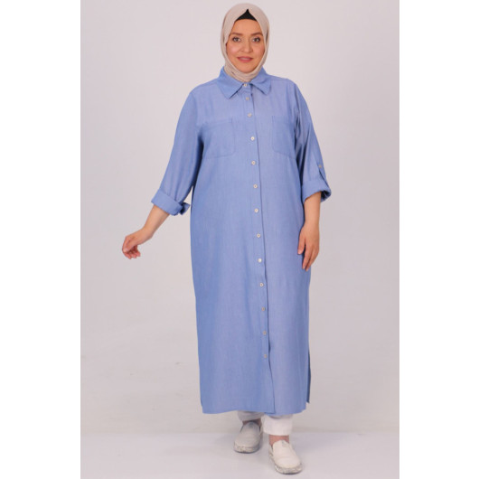 Large Size Lyocell Shirt With Pockets-Blue