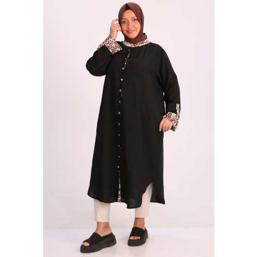 Plus Size Garnished Linen Shirt - Black Leopard