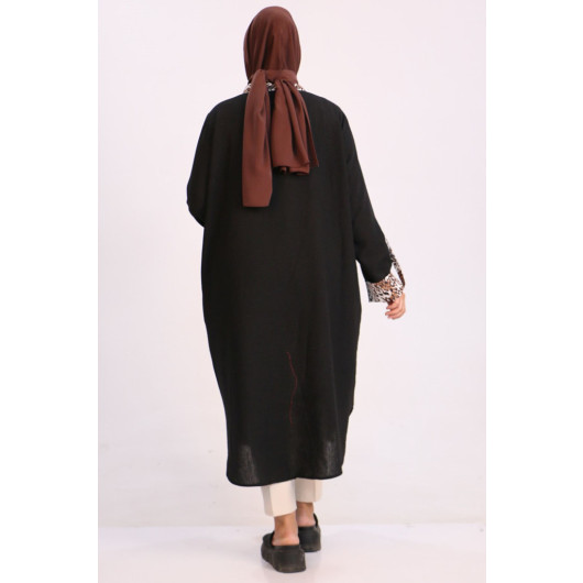 Plus Size Garnished Linen Shirt - Black Leopard