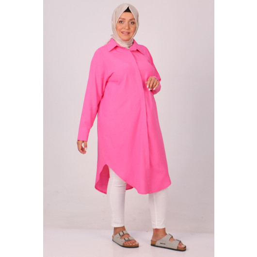 Plus Size Hidden Button Linen Shirt - Pink