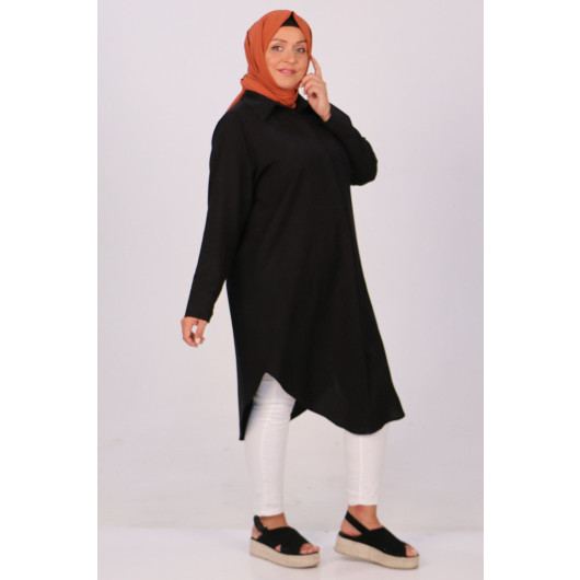 Plus Size Hidden Button Linen Shirt - Black