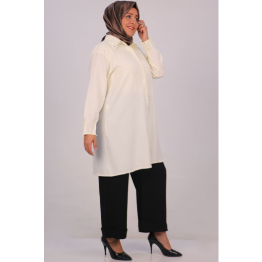 Large Size Linen Airobin Shirt With Stone Collar - Cream