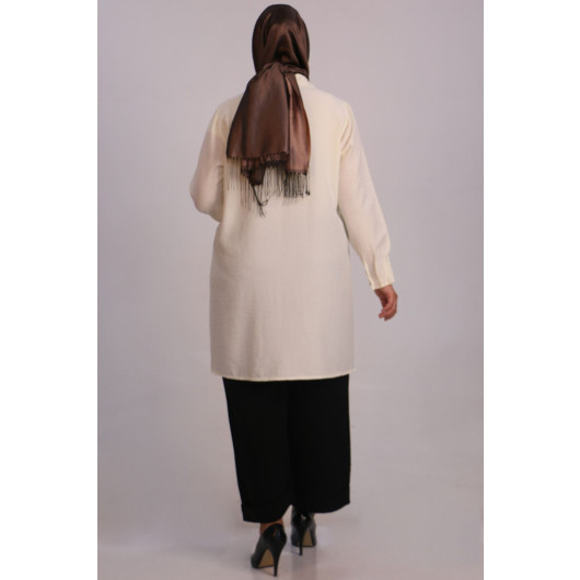 Large Size Linen Airobin Shirt With Stone Collar - Cream