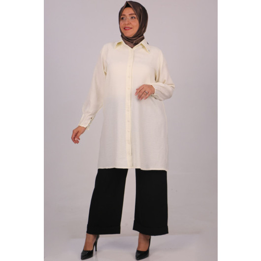 Large Size Linen Airobin Shirt With Stone Collar - Cream