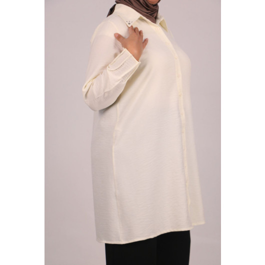 Large Size Linen Airobin Shirt With Stone Collar - Cream