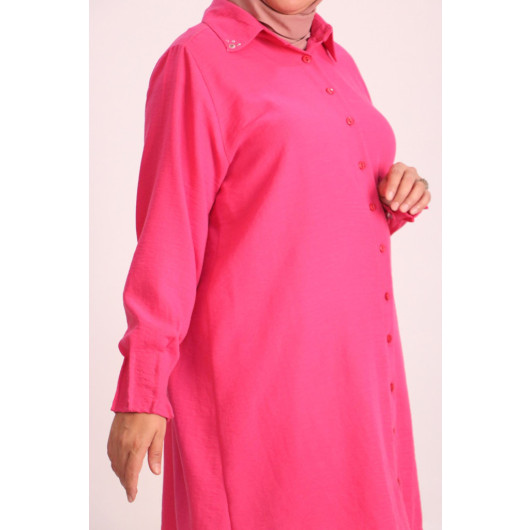 Large Size Linen Airobin Shirt With Stone Collar - Pink