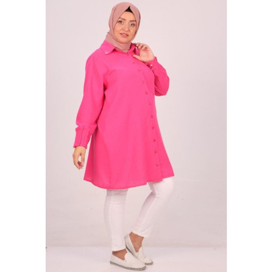 Large Size Linen Airobin Shirt With Stone Collar - Pink