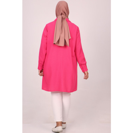 Large Size Linen Airobin Shirt With Stone Collar - Pink