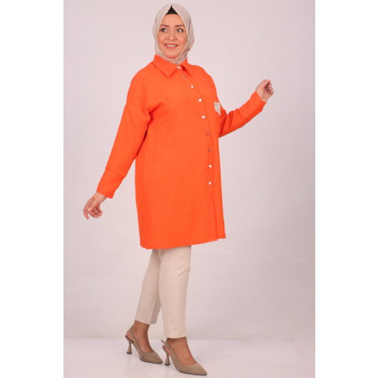 Large Size Linen Airobin Shirt With Stone Pockets - Orange