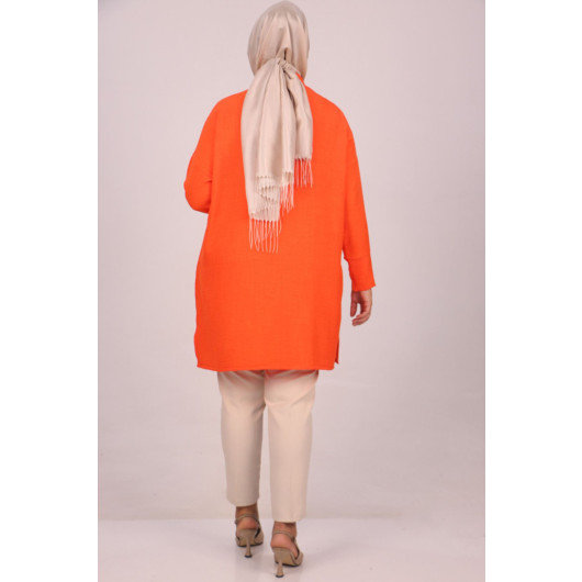 Large Size Linen Airobin Shirt With Stone Pockets - Orange