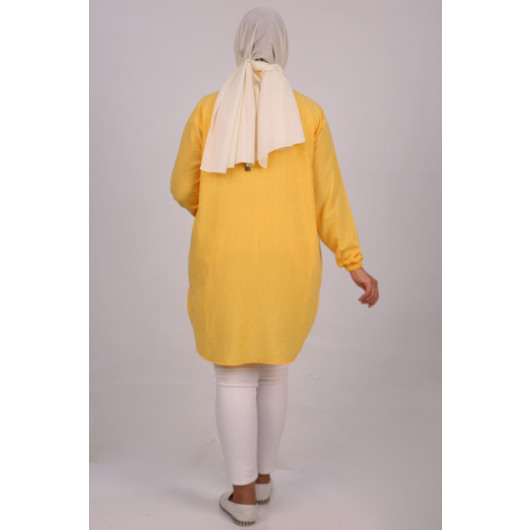 Plus Size Color Combination Linen Airobin Shirt - Yellow