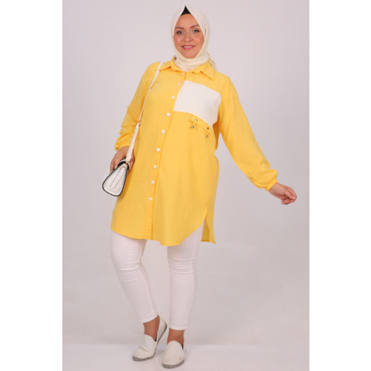 Plus Size Color Combination Linen Airobin Shirt - Yellow