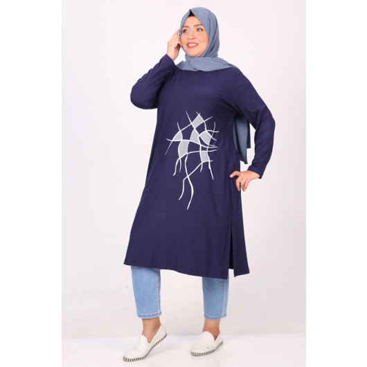 Plus Size Printed Basic Combed Cotton Tunic - Navy Blue