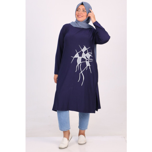 Plus Size Printed Basic Combed Cotton Tunic - Navy Blue