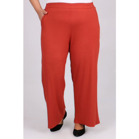 Plus Size High Waist Elastic Combed Cotton Trousers - Tile