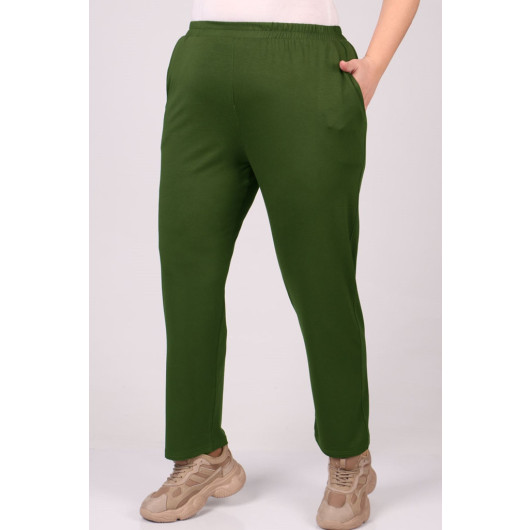 Plus Size High Waist Elastic Combed Cotton Trousers - Khaki