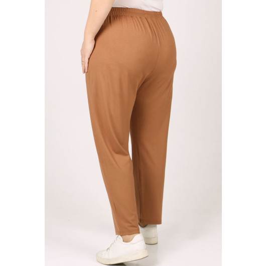 Plus Size High Waist Elastic Combed Cotton Trousers - Brown