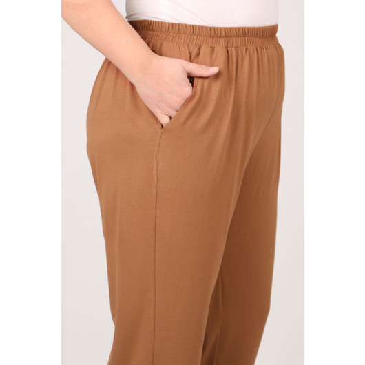 Plus Size High Waist Elastic Combed Cotton Trousers - Brown