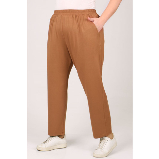 Plus Size High Waist Elastic Combed Cotton Trousers - Brown