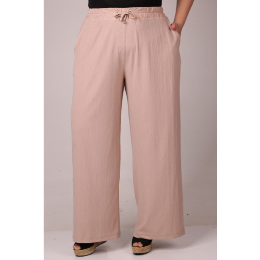 Plus Size Wrinkled Wide Leg Trousers-Beige